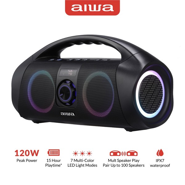 Altavoz portátil Bluetooth Aiwa con iluminación LED multicolor y pantalla digital, resistente al agua IPX7 3