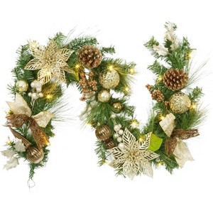 6ft Pre-Lit Christmas Garland with 20 Warm White LEDs, Flower & Bow Decor for Indoor/Outdoor Front Door and Mantle - 1 of 4