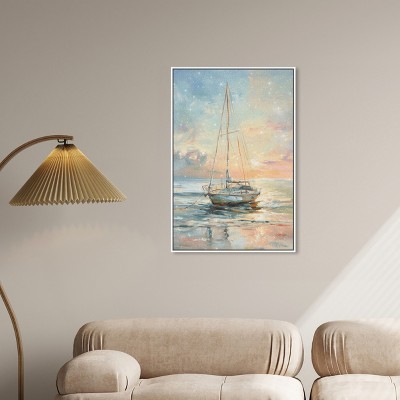 Boat on the Shore Sunset Canvas Wall Art with White Frame