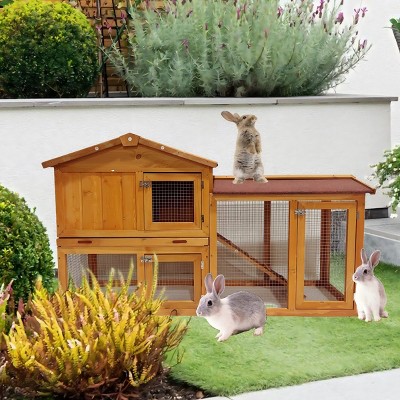 LAOTIES Large Wooden Rabbit Hutch,2-Tier Outdoor Bunny Cage And Chicken Coop With Run,Weatherproof Small Animal House