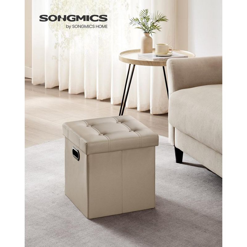 SONGMICS 15 Inches Folding Storage Ottoman, Cube Footrest, Coffee Table with Hole Handles, Faux Leather, 2 of 8