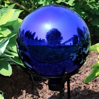 Blue Mirrored Glass Garden Gazing Globe Ball, 10-Inch Diameter