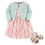 Hudson Baby Infant Girl Cotton Dress, Cardigan and Shoe 3pc Set, Sea