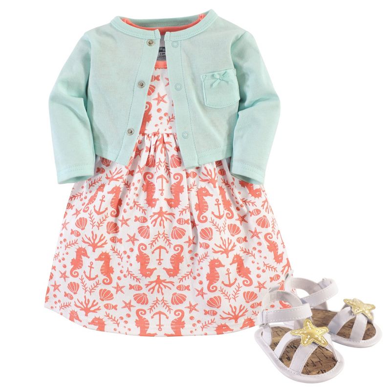 Hudson Baby Infant Girl Cotton Dress, Cardigan and Shoe 3pc Set, Sea, 1 of 4