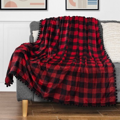 Pom Pom Fringe Twin Fleece Blanket in Plush Red