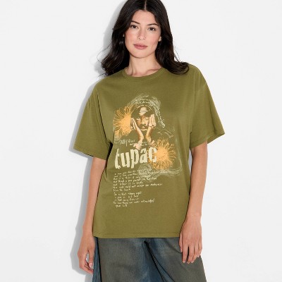 Women's Tupac Lyrics Oversized Short Sleeve Graphic T-Shirt - Olive Green