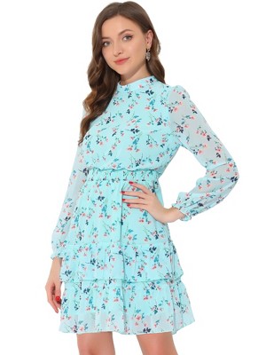 INSPIRE CHIC Women's Stand Collar Smocked Waist Sheer Sleeve Ruffle Layers Floral Chiffon Dress
