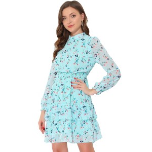 INSPIRE CHIC Women's Stand Collar Smocked Waist Sheer Sleeve Ruffle Layers Floral Chiffon Dress - 1 of 4