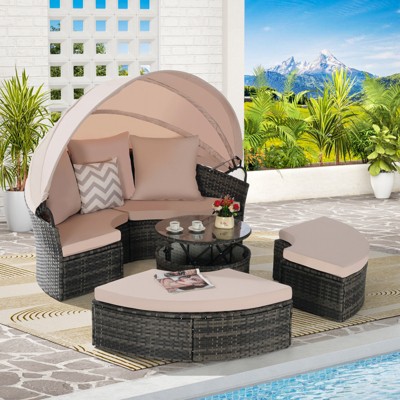 VisioGear Patio Daybed Furniture, 5-Piece Round Conversation Set with Retractable Canopy and Storable Table, Beige, 70.86"*70.86"*55.9"