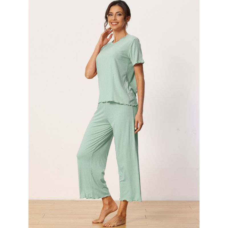 cheibear Women's Sleepwear Round Neck Soft Knit Short Sleeve Shirt with Pants Capri Pajamas Set, 2 of 6