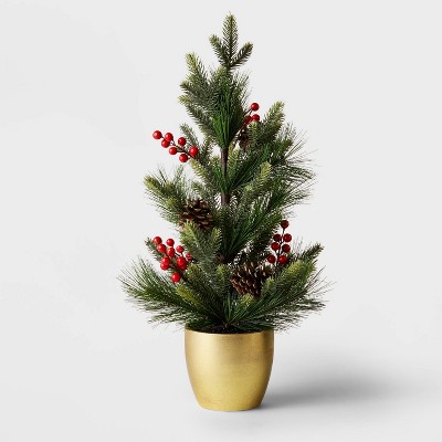 23" Unlit Table Top Pine Mini Artificial Tree with Berries in Gold Pot - Wondershop™