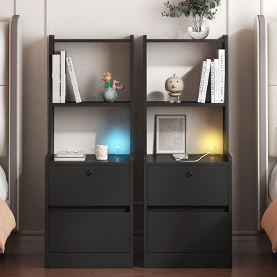 INFURNIC Nightstands Set of 2 Modern Night Stand Smart Nightstands with Night Light for Bedroom Storage, Black, 15.74"*15.74"*41.14"