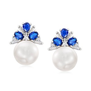 Ross-Simons 9.5-10mm Cultured Button Pearl, 1.60 ct. t.w. Simulated Sapphire and .16 ct. t.w. CZ Earrings in Sterling Silver - 1 of 3