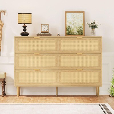 6 Drawer Dresser, Rattan Chest of Drawer, Farmhouse Wooden Dresser with Metal Legs, Wide Double Drawer Dresser, Large Drawer Unit for Bedroom, Living