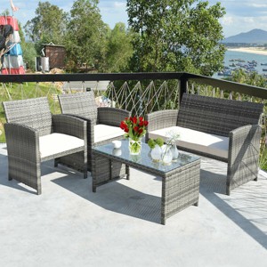 Costway 4PCS Rattan Patio Furniture Set Garden Lawn Sofa Cushioned Seat Mix Gray Wicker - 1 of 4
