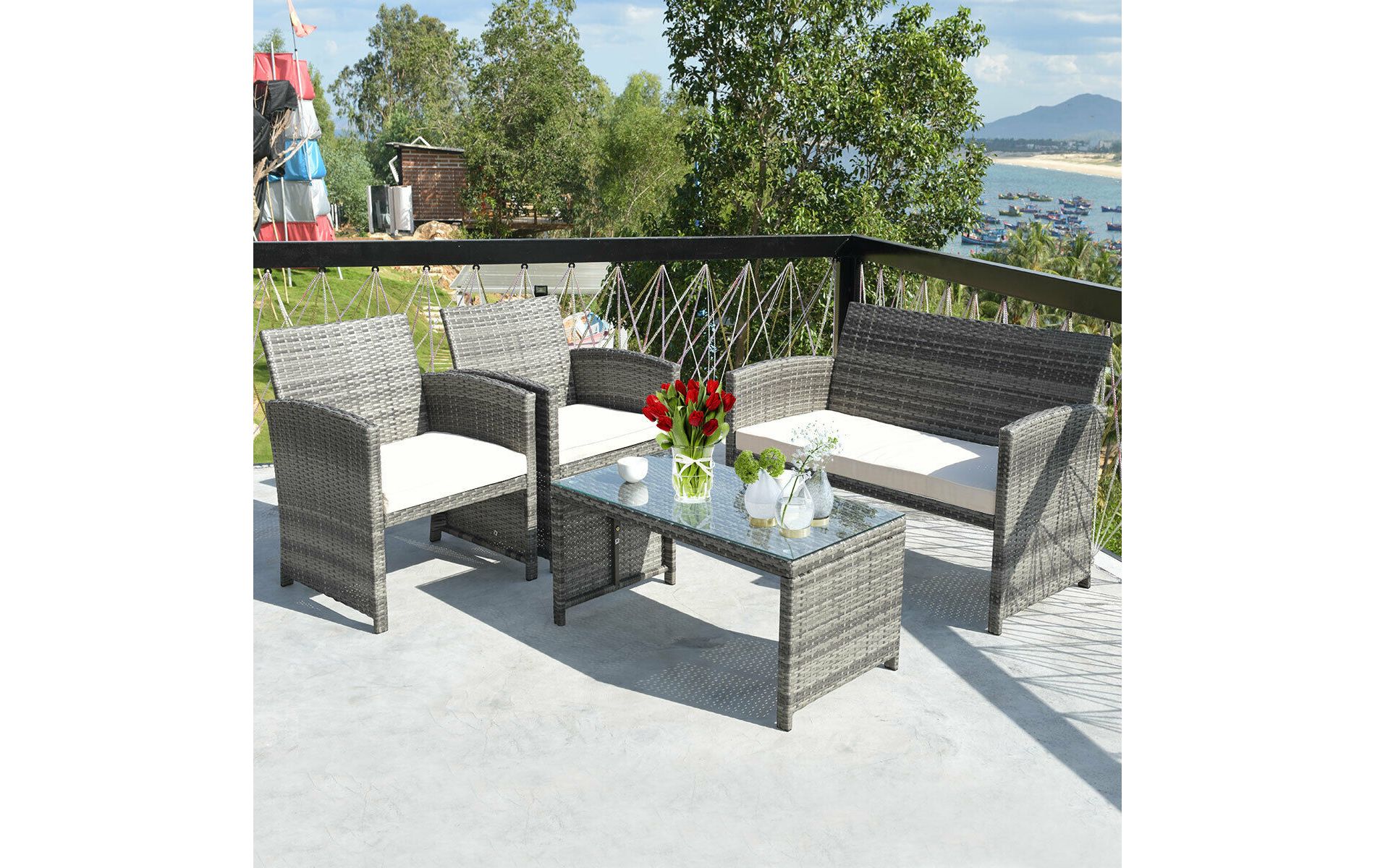 Costway 4PCS Rattan Patio Furniture Set Garden Lawn Sofa Cushioned Seat Mix Gray Wicker