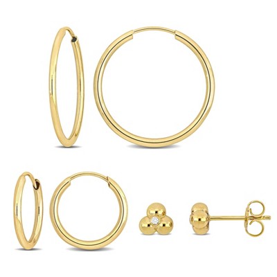 EVERLY JEWELRY | 14k Yellow Gold 3-Piece Earring Set 20mm and 13mm Hoops and Triple Bead with Diamond Accent Studs
