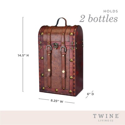 Antique Red Faux Leather and Wood Wine Box with Brass Accents