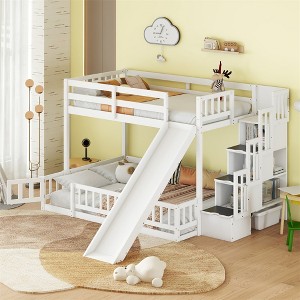 Twin Over Full Bunk Bed For Kids, Wooden Stair Bunk Bed Frame With Slide, High Guardrails, Strong Wooden Slats Supports, No Box Spring Needed - 1 of 4