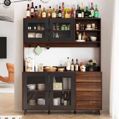Famapy 63"W Brown Wood Buffet Sideboard Pantry Cabinet with 4-Drawers Hooks and Open Shelves