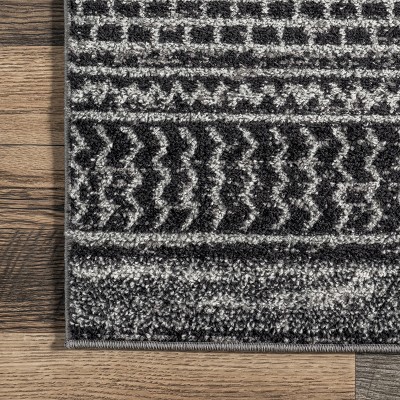 Nova Bohemian Dark Gray Striped Synthetic Runner Rug, 2'6" x 14'