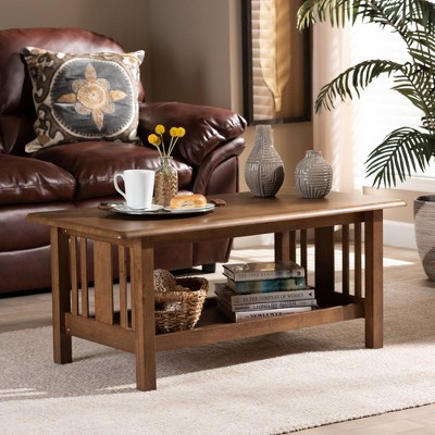 Walnut Brown Rectangular Wood Coffee Table with Lower Shelf