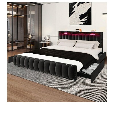 King Size Upholstered Bed Frame Velvet Platform With 4 Storage Drawers and LED Lights and Charging StationFor Bedroom Modern Design