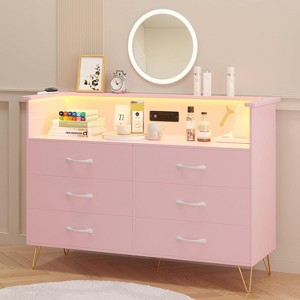 Dresser Large Dresser for Bedroom with Power Outlet and LED Lights Storage Cabinet with 6 Drawers and 2 Open Shelves for Living Room, Foyer, Bedroom - 1 of 4
