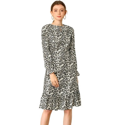 Allegra K Women's Floral Long Sleeve Printed Elastic Waist Ruffle Hem Knee Length Dress