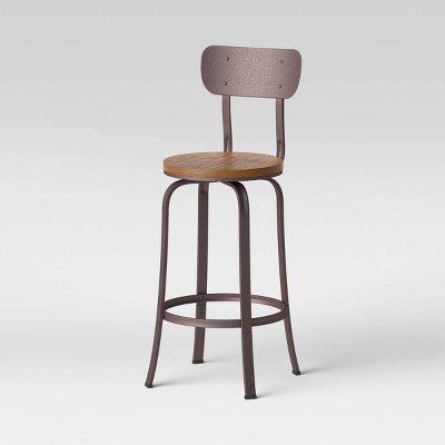 Metal bar stool with online wooden seat and back