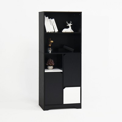 Lirago,23.62"D * 13.78"W * 63"H,Black & White Modern Storage Bookcase with Doors & Drawer, Open Shelves for Living Room/Bedroom