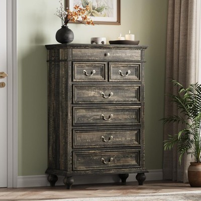 Farmhouse 7-Drawer Dresser with Jewelry Storage, 50" Tall Large Wood Chest of Drawers for Bedroom, Living Room, or Hallway
