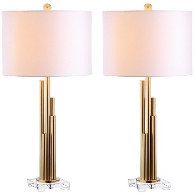 Hopper Brass Gold Table Lamp Set with White Linen Shade