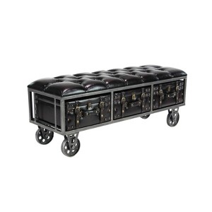 Industrial Wood and Faux Leather Storage Bench On Wheels Black - Olivia & May: Rectangle, Polyurethane Upholstery, Spot Clean - 1 of 4