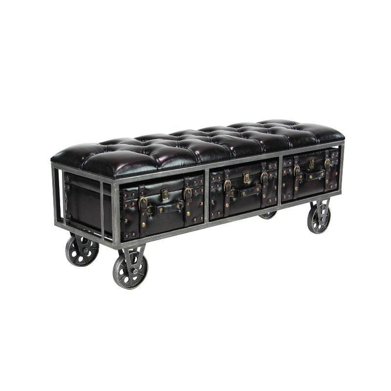 Industrial Wood and Faux Leather Storage Bench On Wheels Black - Olivia &#38; May, 3 of 33