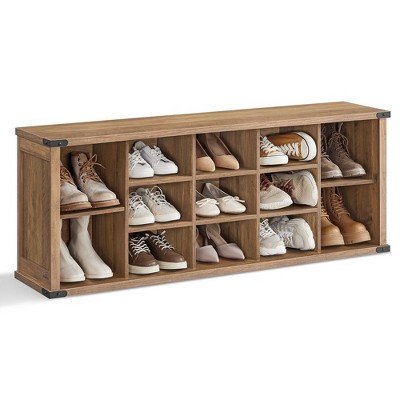 Honey Brown 15-Compartment Shoe Storage Bench with Adjustable Shelves