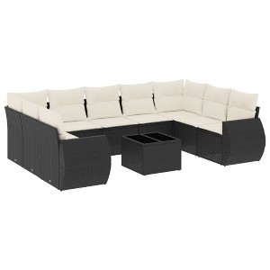 vidaXL 10 Piece Patio Sofa Set with Cushions Black Poly Rattan - Black and Cream With Table - 1 of 4