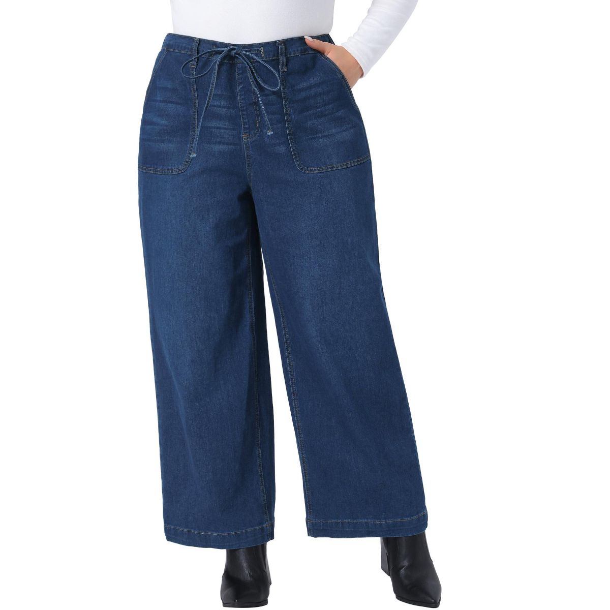 Women's Plus Size Elastic Waist Drawstring High Waist Wide Leg Casual Holiday Denim Jeans Pants with Pocket - Agnes Orinda