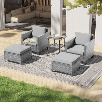 Sonkuki 5 Pieces PE Rattan Furniture Set with Side Table, Patio Chair with Washable Cushion, Ottomans for Balcony, Porch and Yard