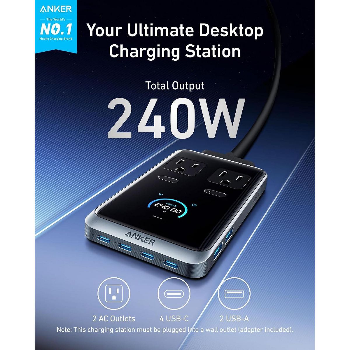 Anker Prime Charging Station, 240W 8-in-1 Power Strip, 5 ft Cord, 2 AC, 4 USB-C, 2 USB-A, for iPhone 15/14, MacBook, Home/Office - thumbnail 2