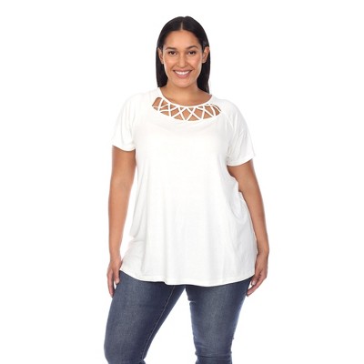 Plus Size Crisscross Neck Short Sleeve Top - White Mark