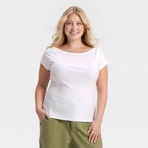 Women's Cap Sleeve Boat Neck Ribbed T-Shirt - A New Day™ Brown - 1 of 3