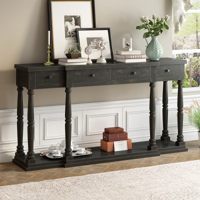 63" Vintage Farmhouse Console Table with Turned Legs,4 Drawers & Large Bottom Shelf for Entryway,Living Room,Hallway-Baofuwish