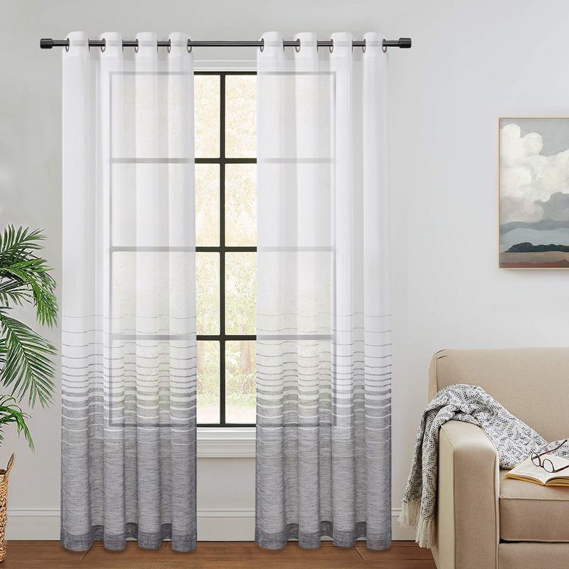 Ombre Yarn-Dyed Stripe Voile Sheer Grommet Window Curtain Panels, 1 of 7