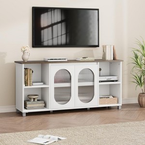 TV Stands for Living Room, 70 Inch TV Stand with 2 Corrugated Glass Cabinet Doors & 4 Open Shelves, Entertainment Center with Storage - 1 of 4