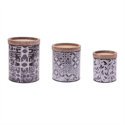 Metal Patterned Canister with Natural Wood Lid (Set of 3)