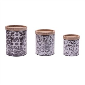 Metal Patterned Canister with Natural Wood Lid (Set of 3) - 1 of 4