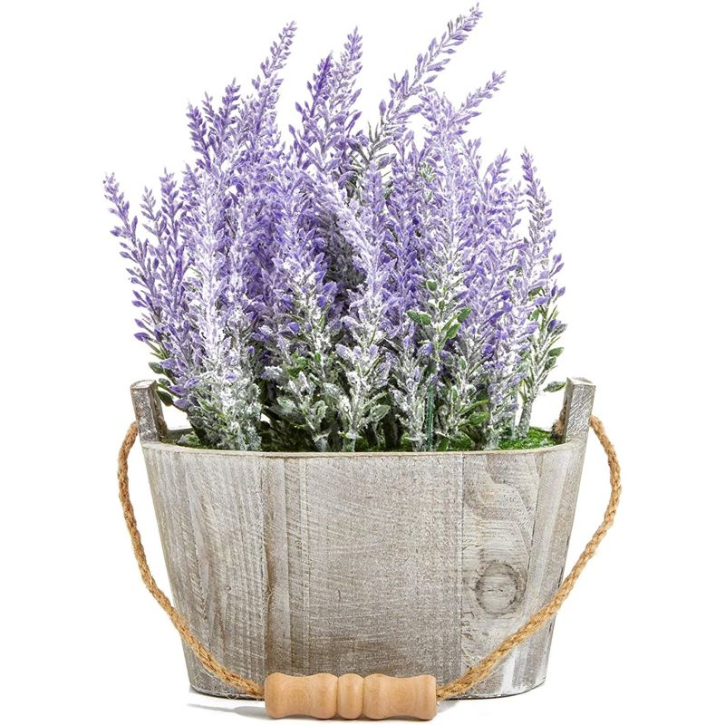 Artificial Lavender Fake Flower Plant in Rustic Oval Wooden Box for Decorations, 4 of 9