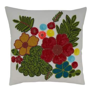 Saro Lifestyle Saro Lifestyle Cotton Pillow Cover With Beaded Flowers, Multi, 16"