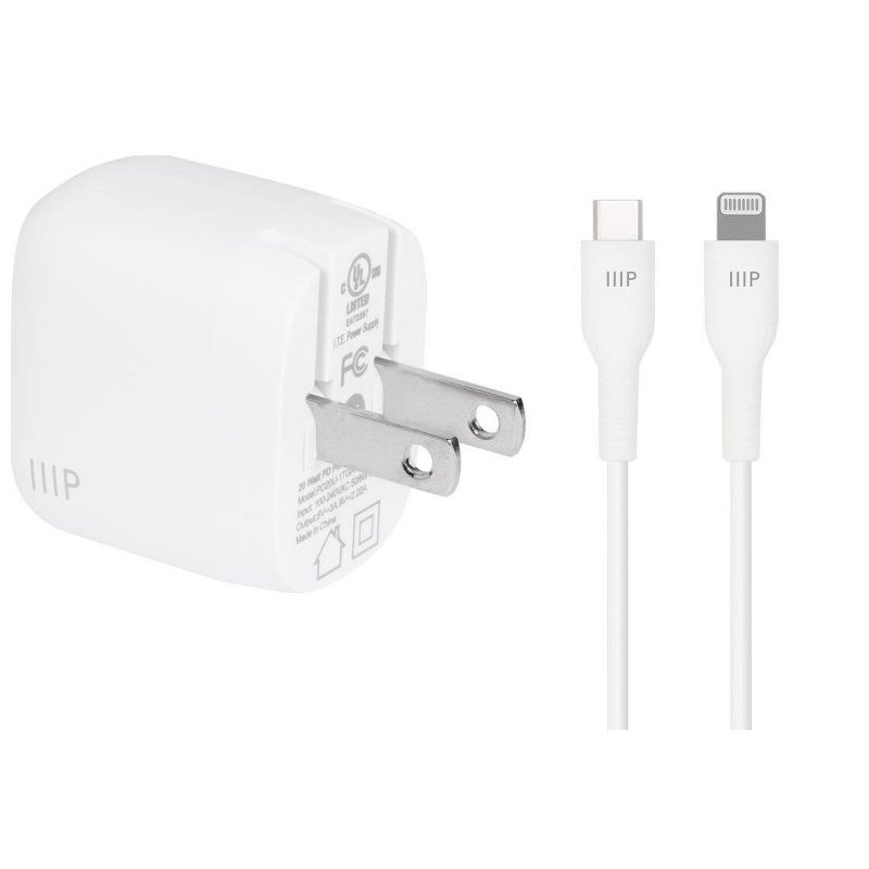Monoprice iPhone Pro Charging Bundle - MFi Certified 1.2m (4ft) Rapid Charge Cable and 20W 1-port PD GaN Technology Foldable Wall Charger White, Power, 2 of 7